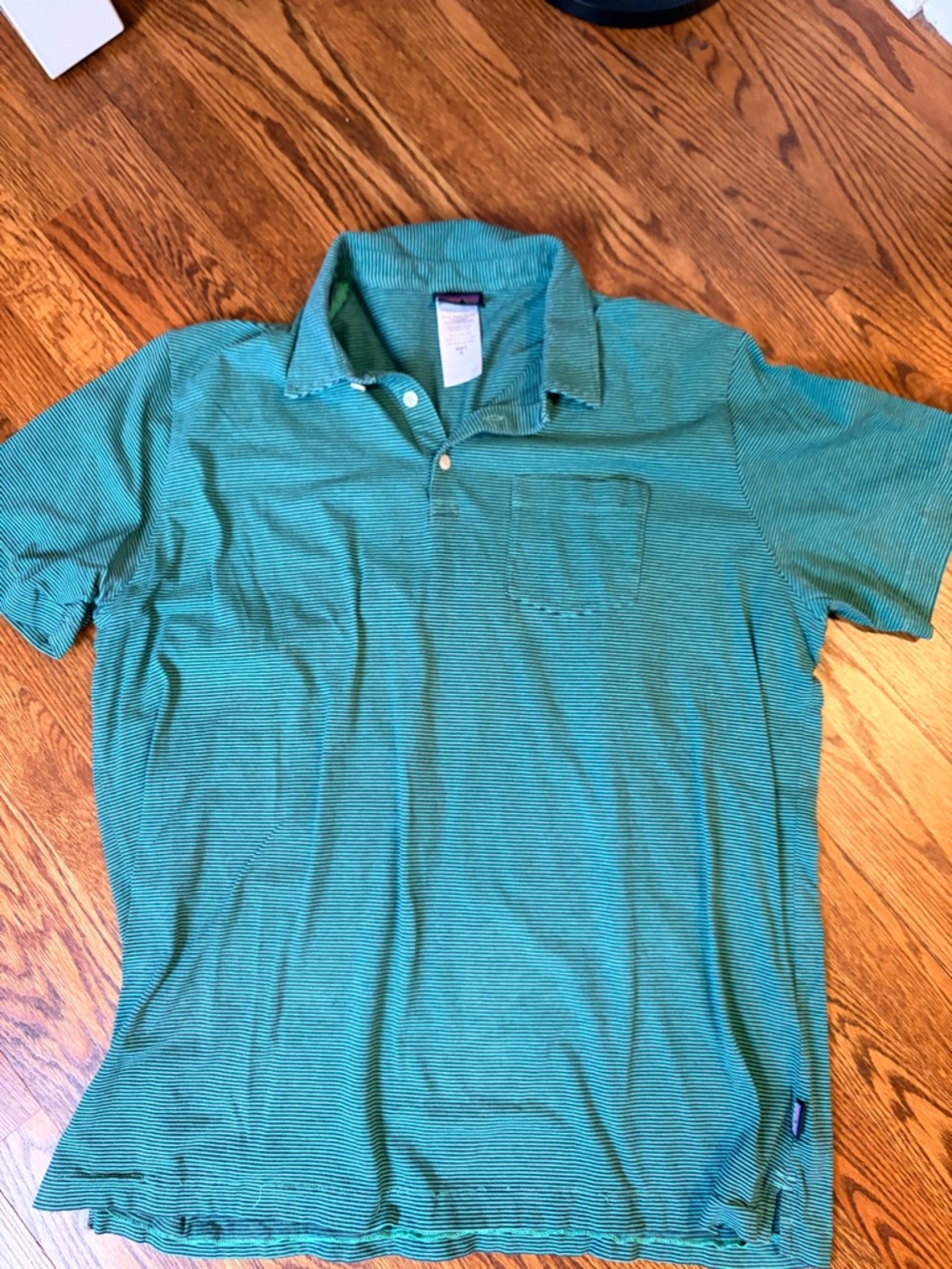Patagonia Teal Green Striped Short-Sleeve Polo